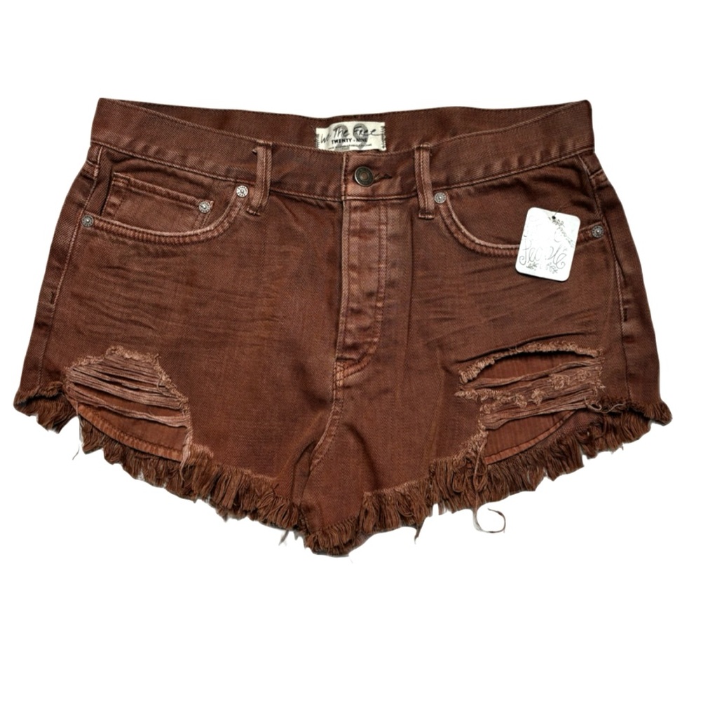 Free People We The Free brown distressed high-rise frayed denim shorts
